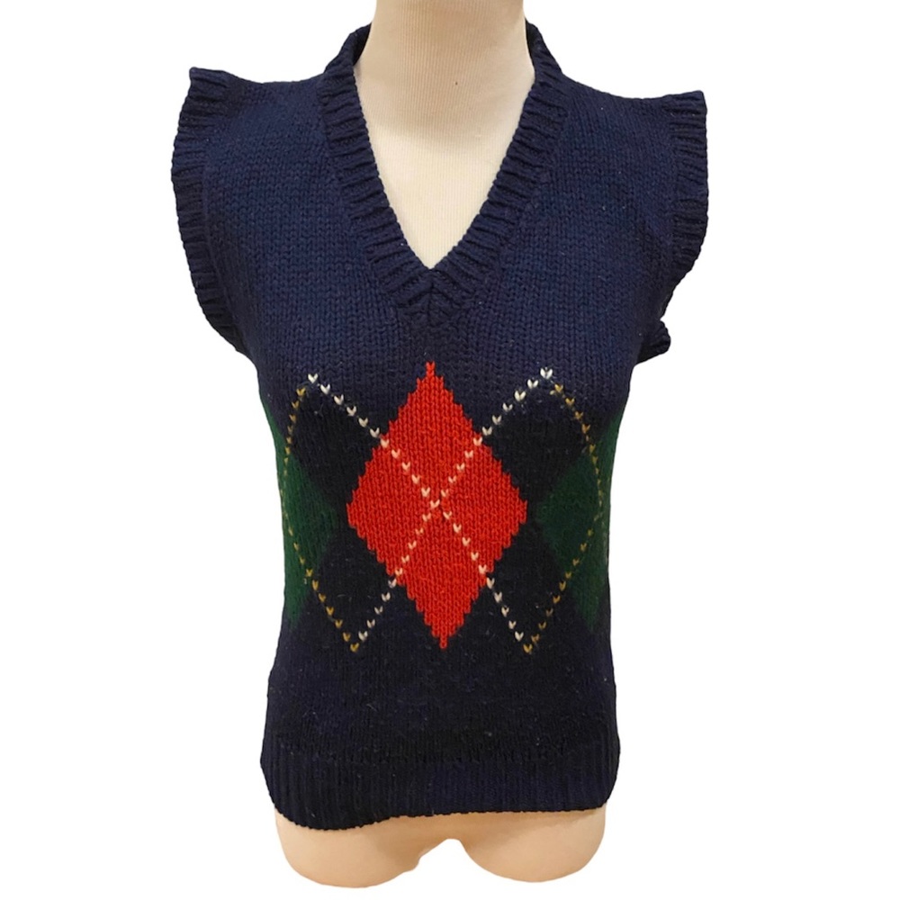 Vintage Navy Blue Argyle Sweater Vest Vneck S M Red Yellow Green Preppy Plaid